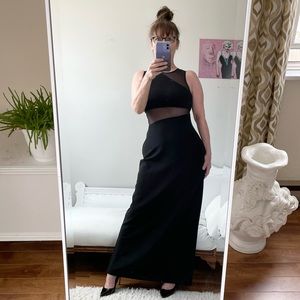 VINTAGE BLACK SLEEVELESS MAXI DRESS GOWN SLIT ILLUSION SHEER STRETCH ZIPPER